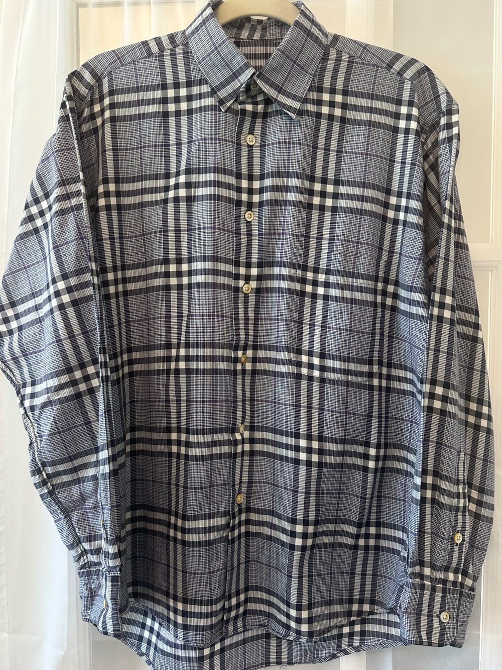 Burberry London Mens Plaid Button Front Shirt Medium Gray Purple Cotton USA